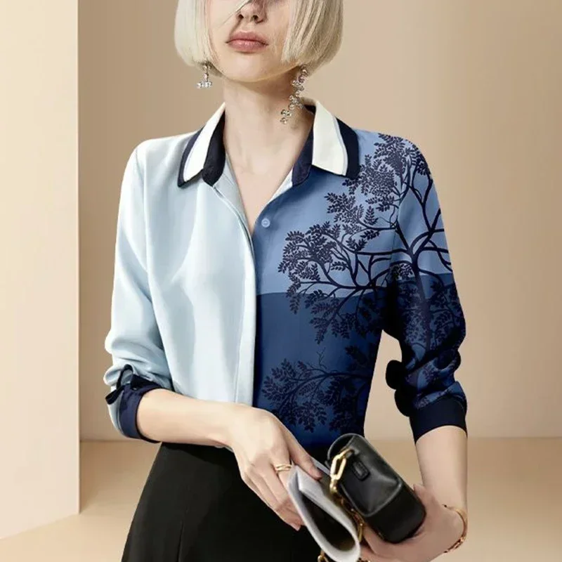 

Весенне-осенняя уличная мода: блузка с принтом и пэчворком, женская, с длинным рукавом, повседневная, на пуговицах, кардиган, элегантная рубашка для женщин