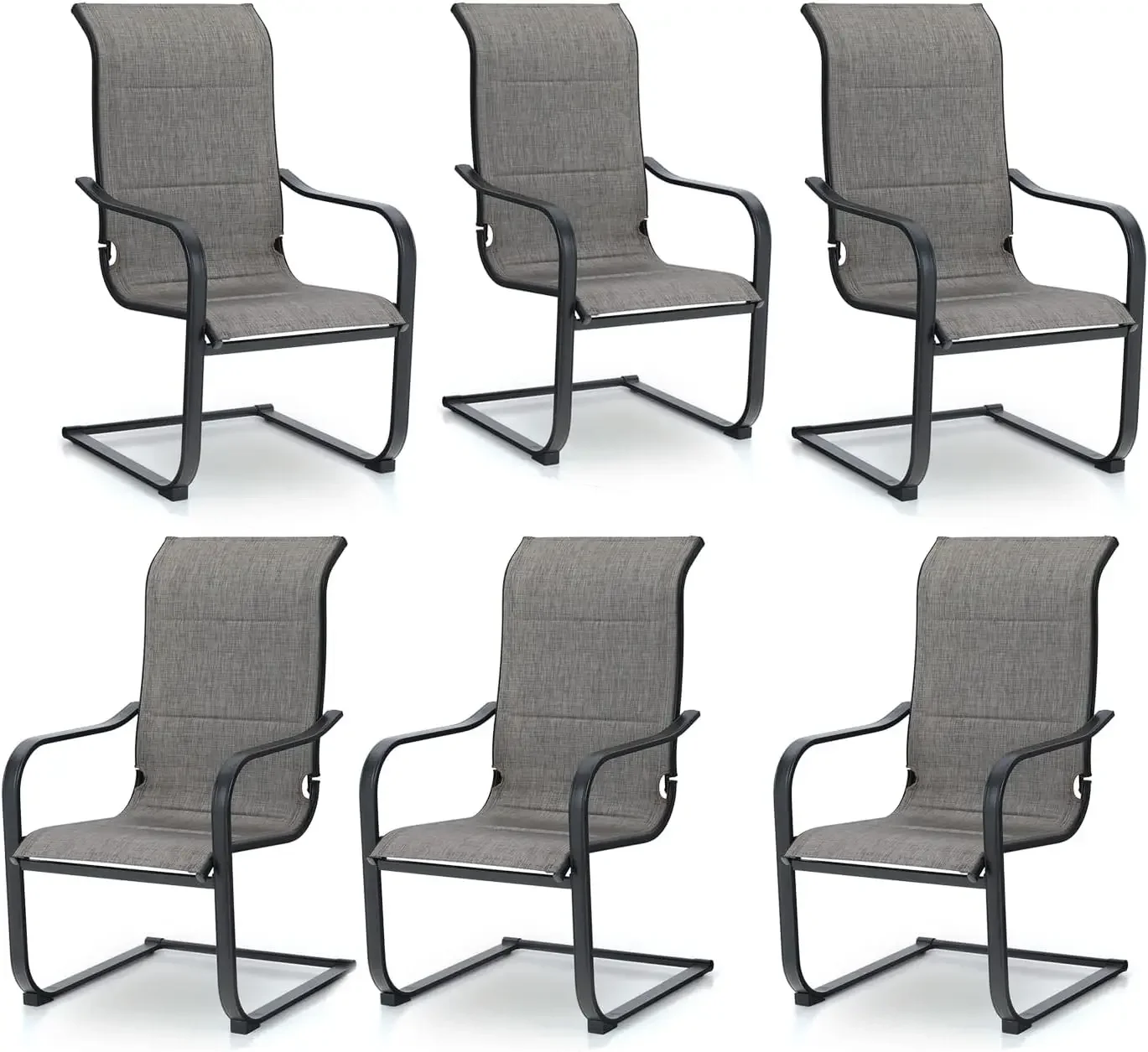 Outdoor C-Spring Dining Chairs Set of 6, Patio Sling High Back Rocker Chairs with Padded Textilene Fabric & Black Metal Frame