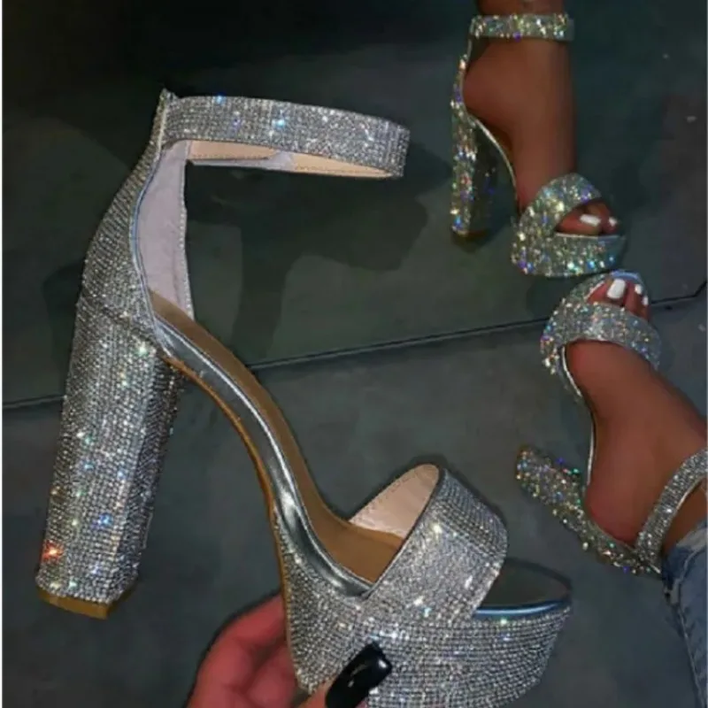 New Summer Women High Heel Wedding Party Sandals Open Toe Ankle Strap Chunky Heel Sequins Platform Sandals Silvery Diamond Shoes