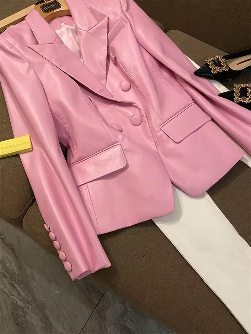 Women's Short Pink Jacket, PU Artificial Leather Blazer, Long Sleeve, Slim, Luxury Jackets, Female Coat, Street Fashion, Autumn