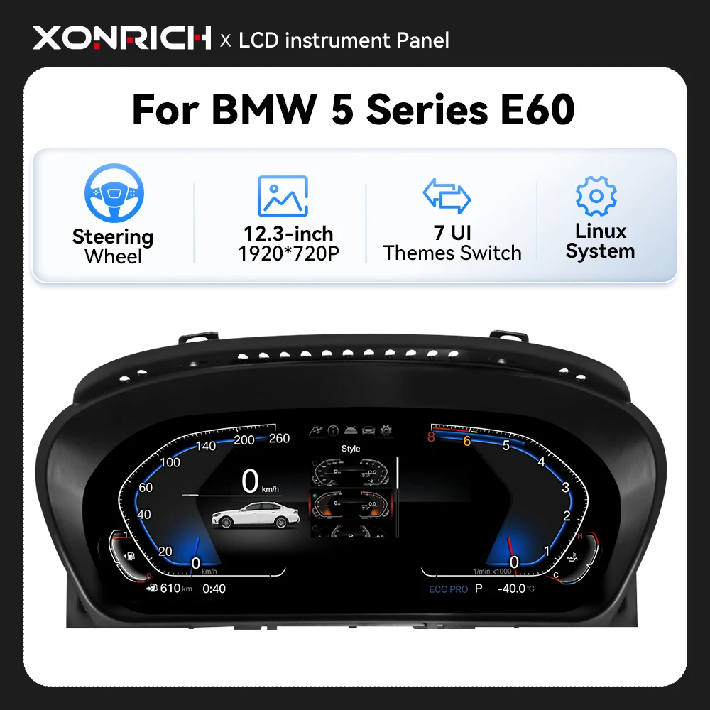 XONRICH 12,3'' Digitales Armaturenbrett für BMW 5er E60 E61 E63 E64 CCC CIC LCD Panel Tachometer Virtuelles Instrument SWC