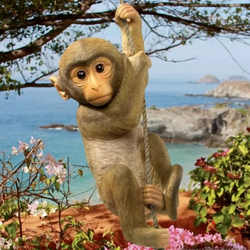 Decoración de Estatuas para Jardín y Patio Exterior de Primavera, Mono Colgante Escalando por Cuerda, Artesanía de Resina