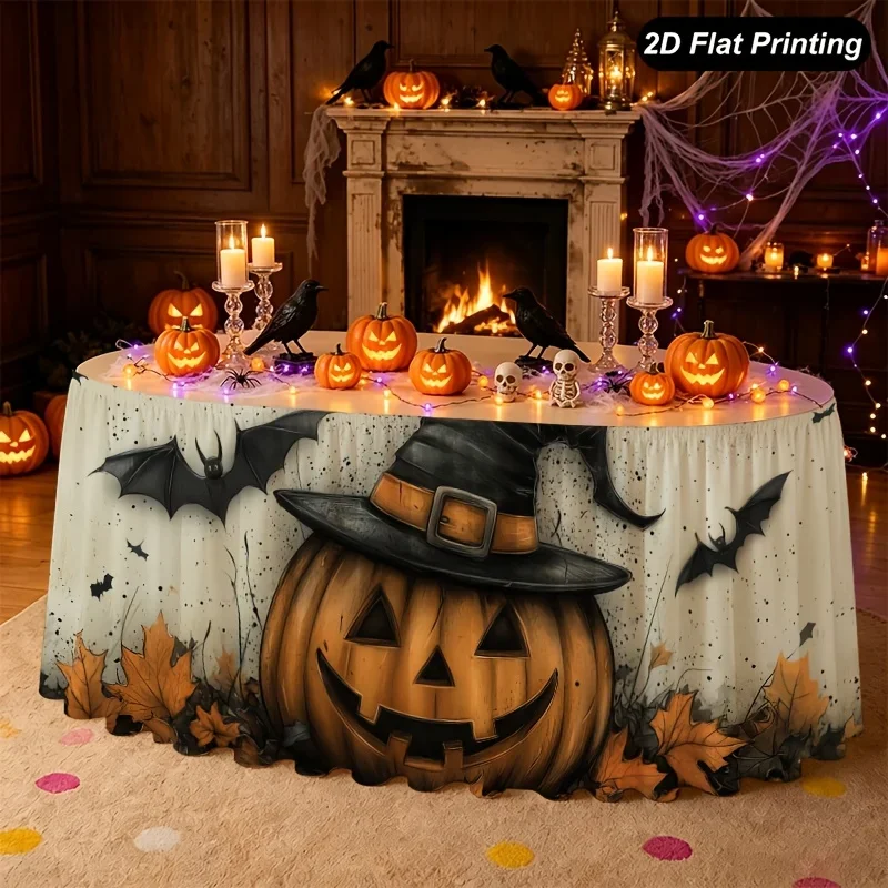 [JIT] 1pc Halloween table skirt, featuring a grin-faced pumpkin bat decoration pattern with a witch's hat, yzb