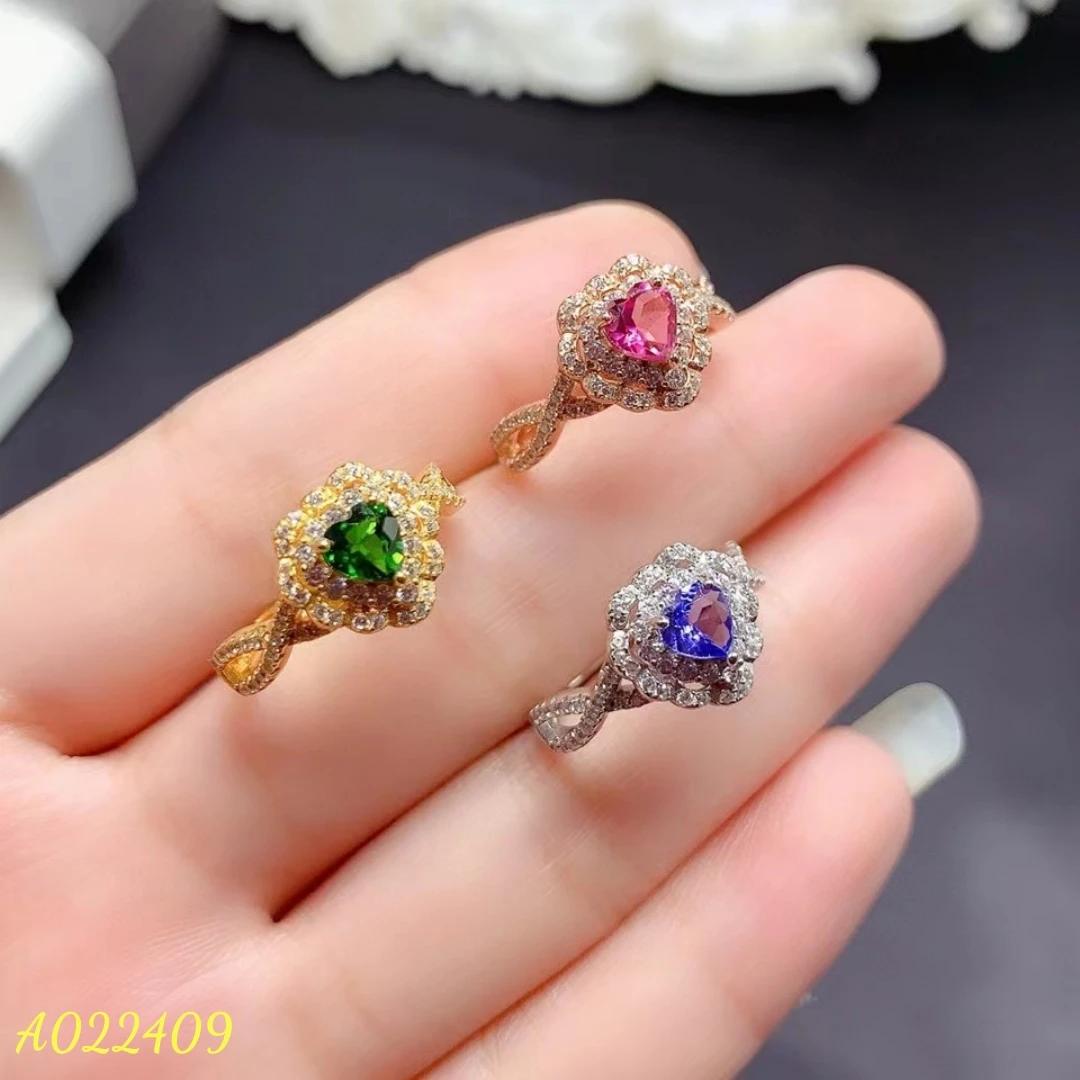 KJJEAXCMY 925 Sterling Silver Natural Heart-shaped Gemstone Women's Ring Green Diopside Pink Topaz Blue Tanzanite Tricolor