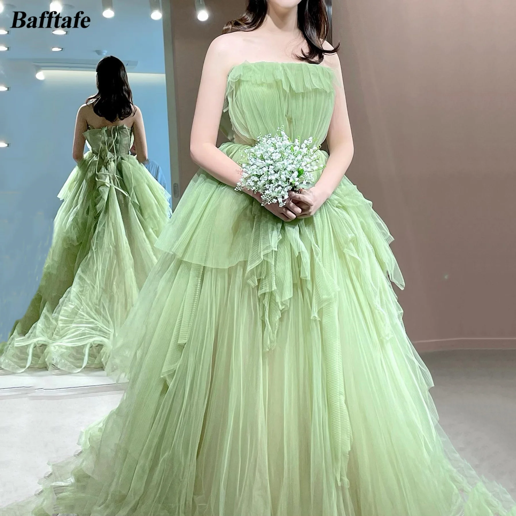 

Bafftafe Fairy Korea Lady Formal Prom Dress A Line Tulle Lace Up Back Strapless Evening Dresses Women Garden Party Gowns 2024