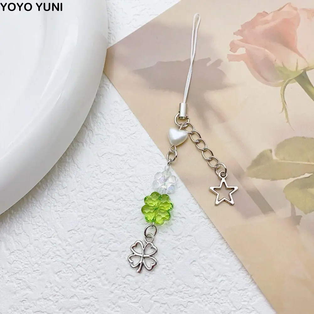 

Summer Lucky Grass Phone Charms Refreshing Green Four-leaf Clover Beaded Keychain Five-pointed Star Flower Girls