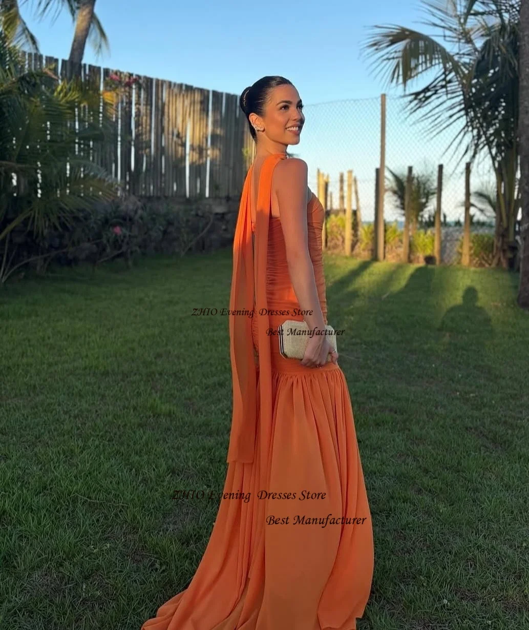 ZHIO Classic Orange Satin Evening Gown with Scarf Pleats A Line Strapless Long Party Dress Sweep Train Prom Gown Customized