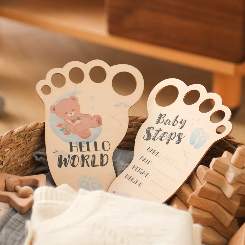 Baby Footprint Photography Prop carta pietra miliare in legno celebrazione della crescita del neonato Hello World puntelli accessori fotografici