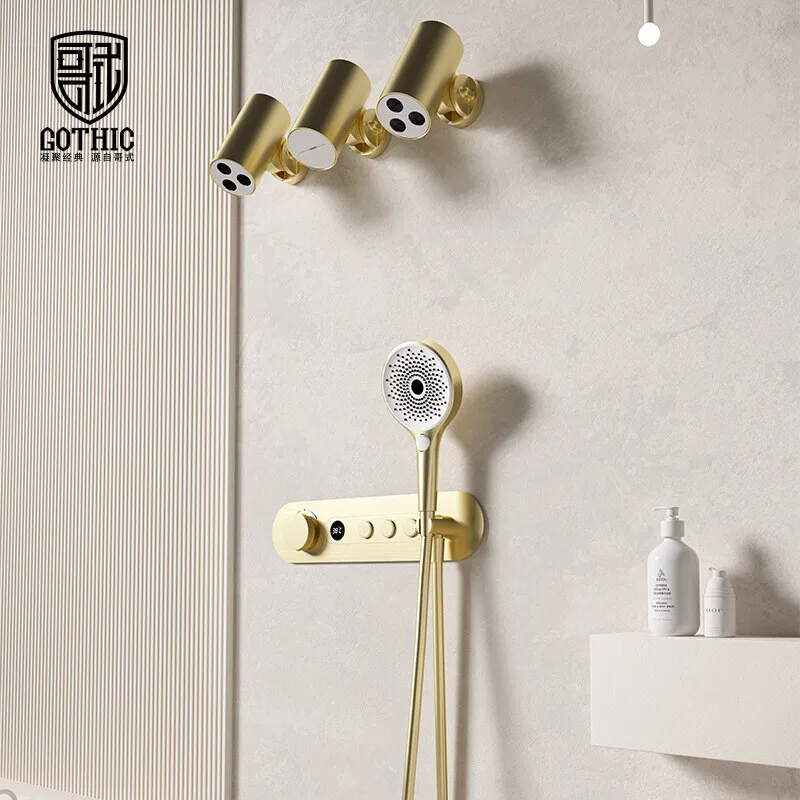 

Brushed Gold/Gun Gray Constant Temperature White Embedded Wall-Mounted Rainfall Shower System With Intelligent Digital Display