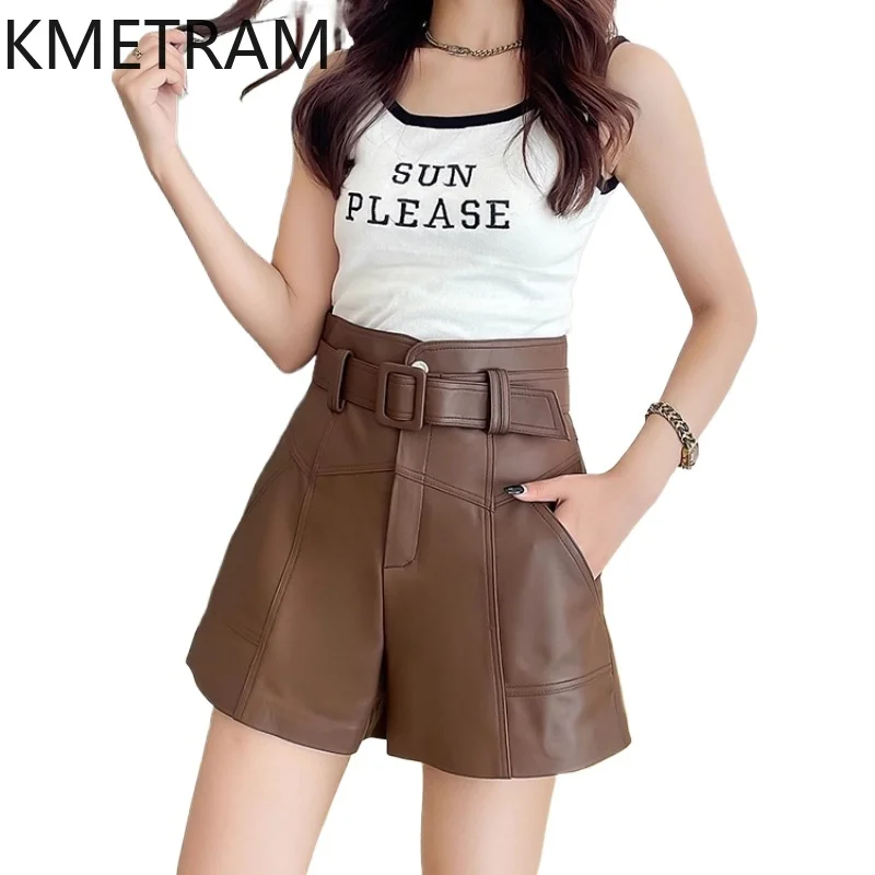 KMETRAM 100% Top Layer Sheepskin Shorts for Woman Genuine Leather Brown Mini Short 2025 Spring Autumn Women' S Clothes шорты