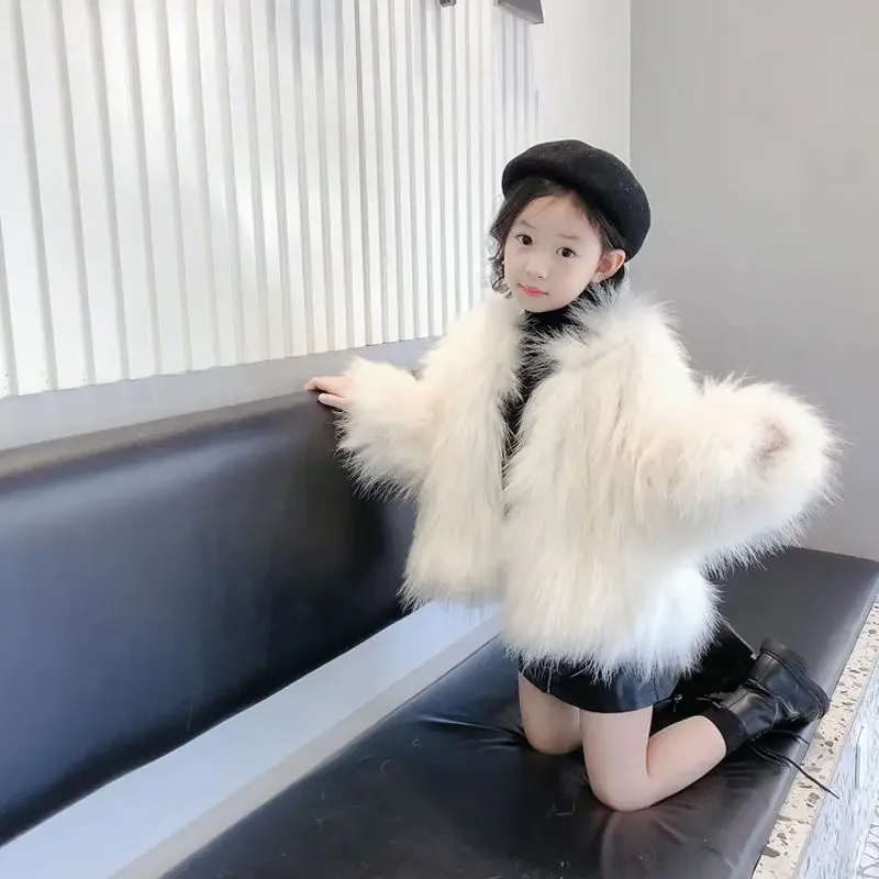 Fur Coat for Autumn and Winter New Thickened Warm Woolen Cotton Jacket Fashionable Princess Children\'s Clothing Baby Mid Length