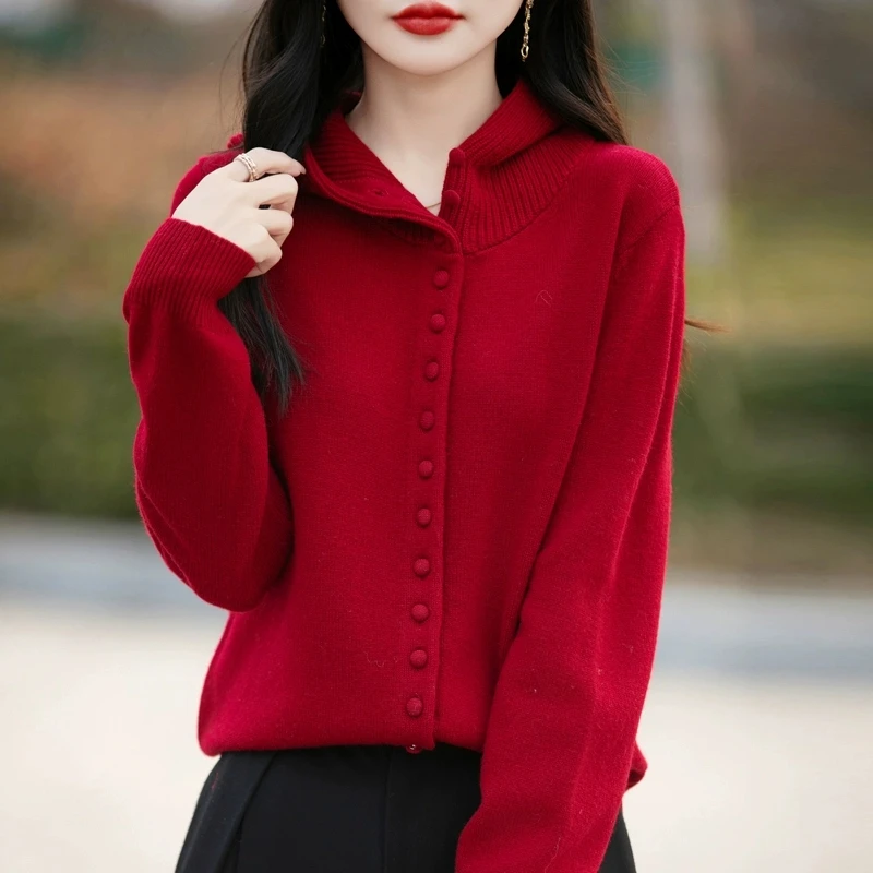 

Женский шерстяной вязаный кардиган с капюшоном и длинными рукавами, шикарный однотонный повседневный свитер Y2K, осень 2026, базовый топ
