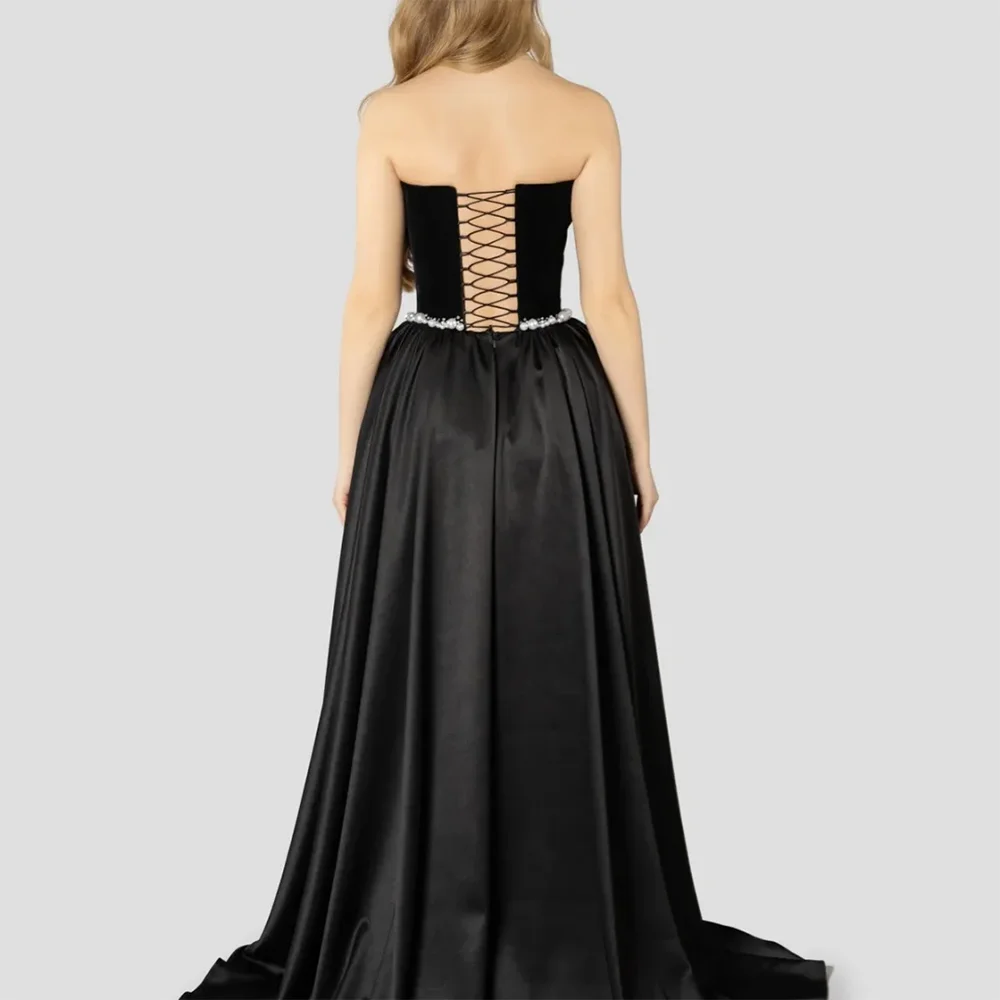 ブラック バックレス エレガント イブニング ドレス ストラップレス A ライン マキシレングス ノースリーブ プリーツ クラシック プロム パーティー ドレス ドレス