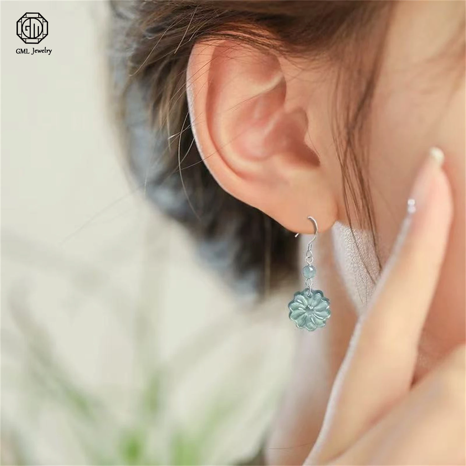Natural Grade A Jadeite Blue Water Sunflower Earrings Ice Translucent Vintage Women Drop Exquisite Ethnic Style Jewelry Gift
