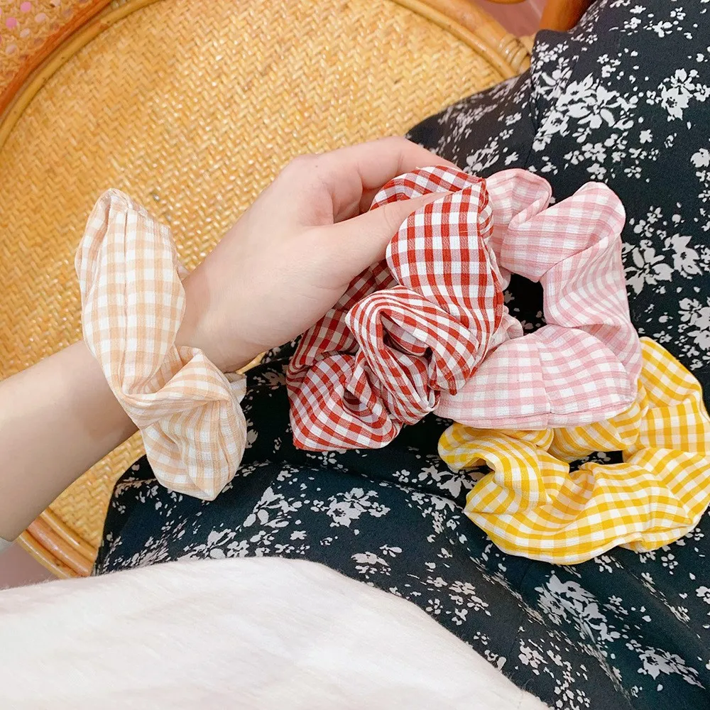 Fashion Women Scrunchies Plaid Pattern Candy Color Girl Hair Ties Polyester Ponytail Holder Vintage Female Hair Accessories 