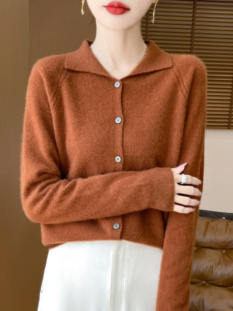 2024 Autumn Winter Women Long Sleeve Cardigan Turn Down Collar Cashmere Sweater Basic Grace Clothing 100% Merino Wool Knitwear