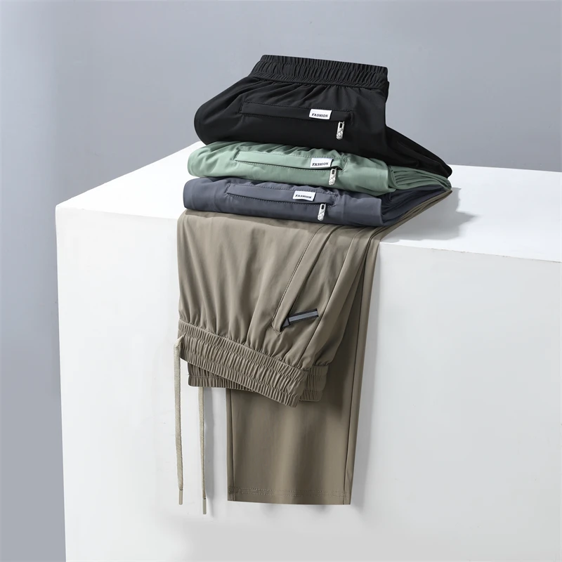Ice Silk Men's Pants Summer New Black Gray Thin Business Casual Pants Outdoor Elastic Breathable Straight Leg Sweatpants