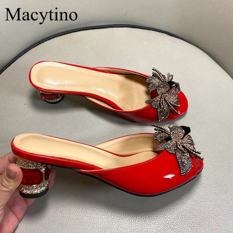 Ladies Rhinestone Flower Design High Heel Slippers round Toe Drill Heel Fashion Party Footwear