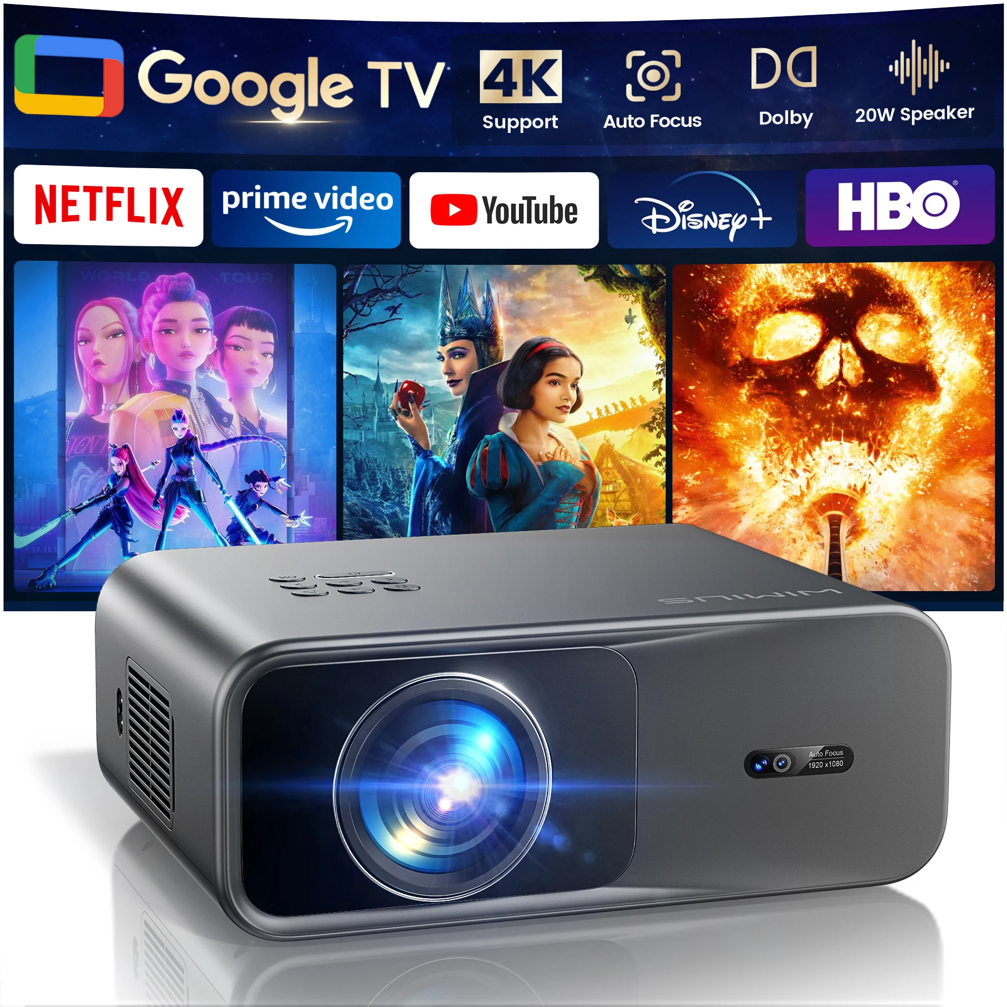 Proyector Wimius 4K con Google TV, 1200 ANSI, Láser, WiFi 6, Resolución Nativa de 1080P, Enfoque Automático, Proyector para Cine en Casa, para Netflix