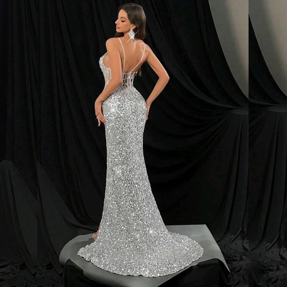 Sparkly Sequined Crystal Evening Dress Sexy Spaghetti Straple Side Split Gowns Chapel Train Sequined Special Paryt Dress Vestido