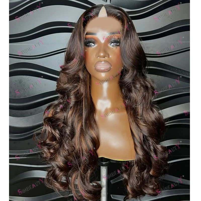 

Длинные 30-дюймовые коричневые блондинки, свободные волнистые человеческие волосы Remy, черные женские парики машинного производства с V-образным вырезом, бесклеевые регулируемые парики
