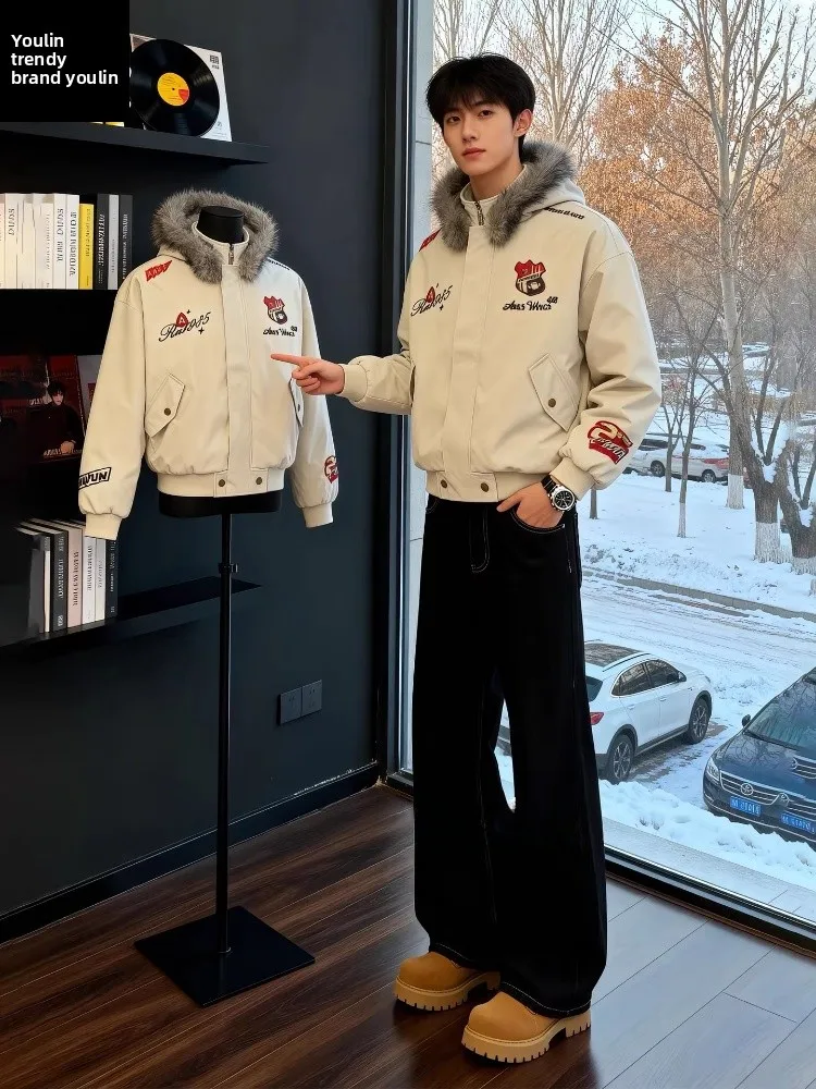 

Thickened American Badge Embroidery Men's Cotton Jacket Hooded Coat Removable Fur Collar Short Style Daily Wear Zipper Closure