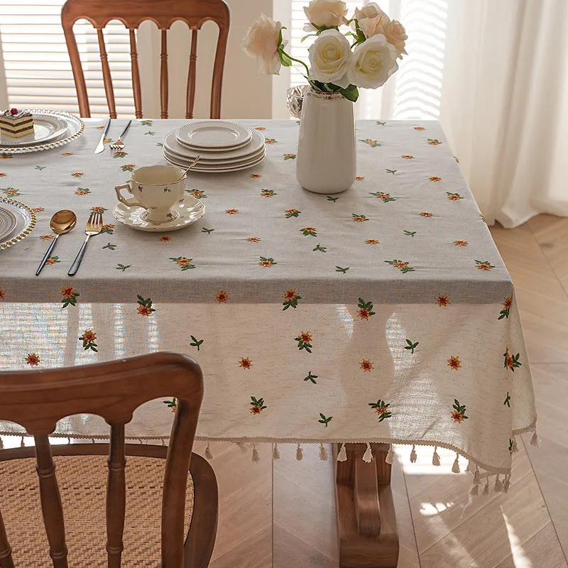 Cotton Linen Waterproof Dust Proof Pastoral Table Cloth Flower Embroidery Table Cover Coffe Tea Tablecloth INS Table Cover Decor