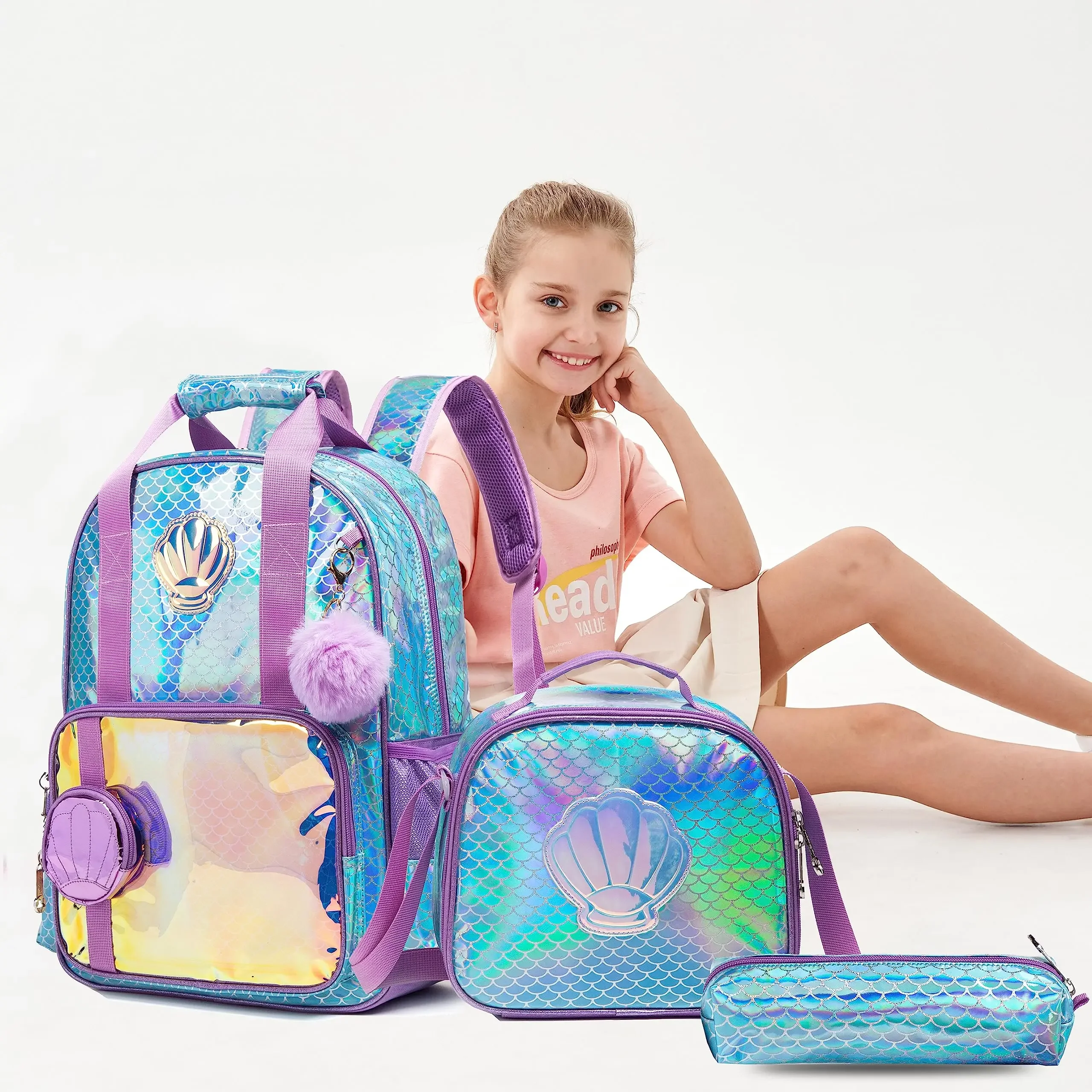 Bikab-Rainbow e Star School Bag Set com lancheira para meninas, Glitter Lantejoula Bookbag para jardim de infância
