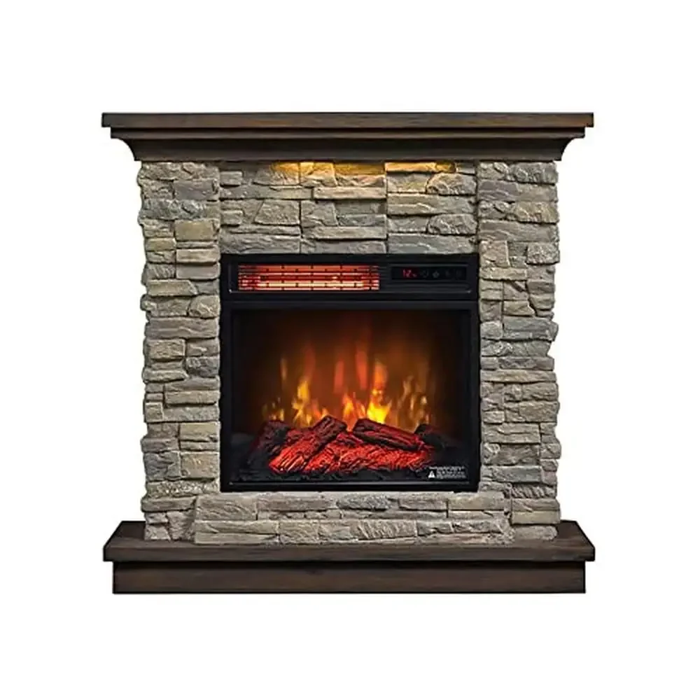 Electric Fireplace with Remote Control 5200 BTU Heater Smoky Gray Stone Safer Plug Technology Flame Effect Infrared Quartz Heat