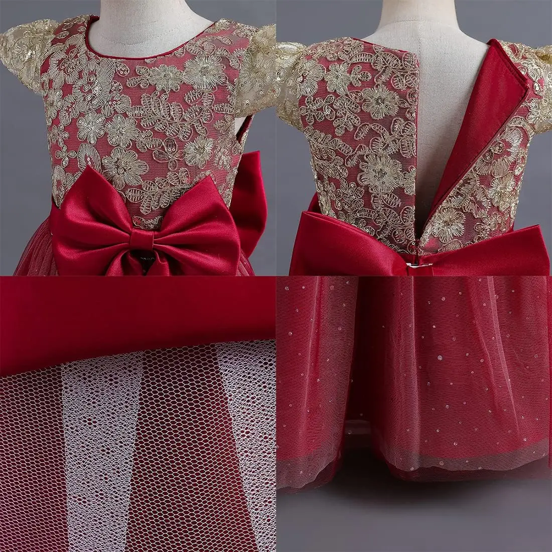 فستان زفاف فتاة الزهور فستان دانتيل مطرز، فستان التواصل، فستان الأميرة الجميلة للأطفال لحفلات أعياد الميلاد الرائعة