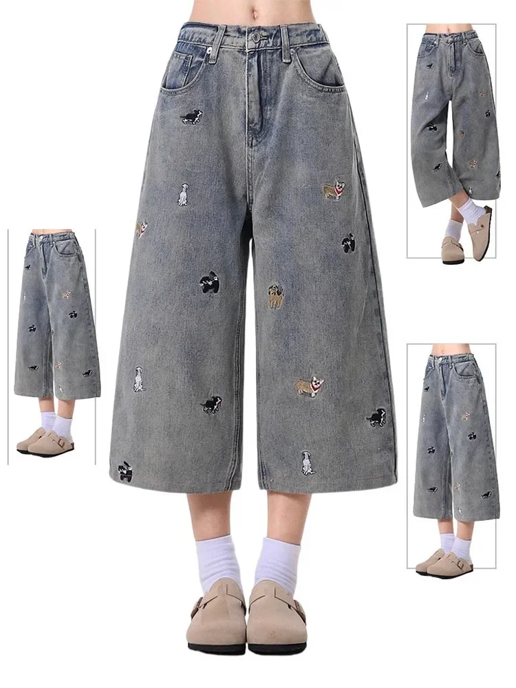Cute Embroidered Dog Design Blue Jeans Women's Summer Thin Loose Straight Wide Leg Seven-Foot Medium Pants Casual High Waist ...