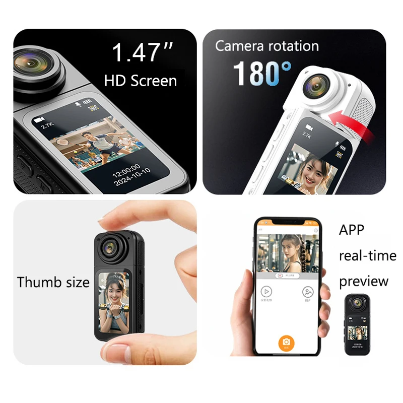 2.7K Thumb Camera 1.47 Inch HD Screen Pocket Action Camcorder Outdoor Sports Cycling Cam 180° Rotation Magnetic Video Recorder
