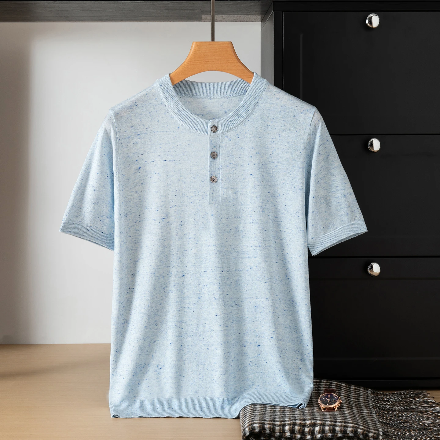

Good Breathable Linen Knitwear for Men Classic Henry Collar Basic Knit Tees Short Sleeve Thin Wool Blend Knitting Jumpers
