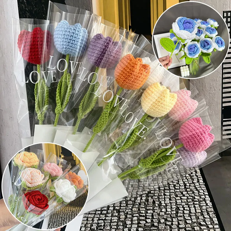 DIY Knitting Bouquet Rose Tulip Flower Bouquet Sunflower Hand-knitted Fake Flowers Knit Flower Home Table Crochet Floral Bouquet