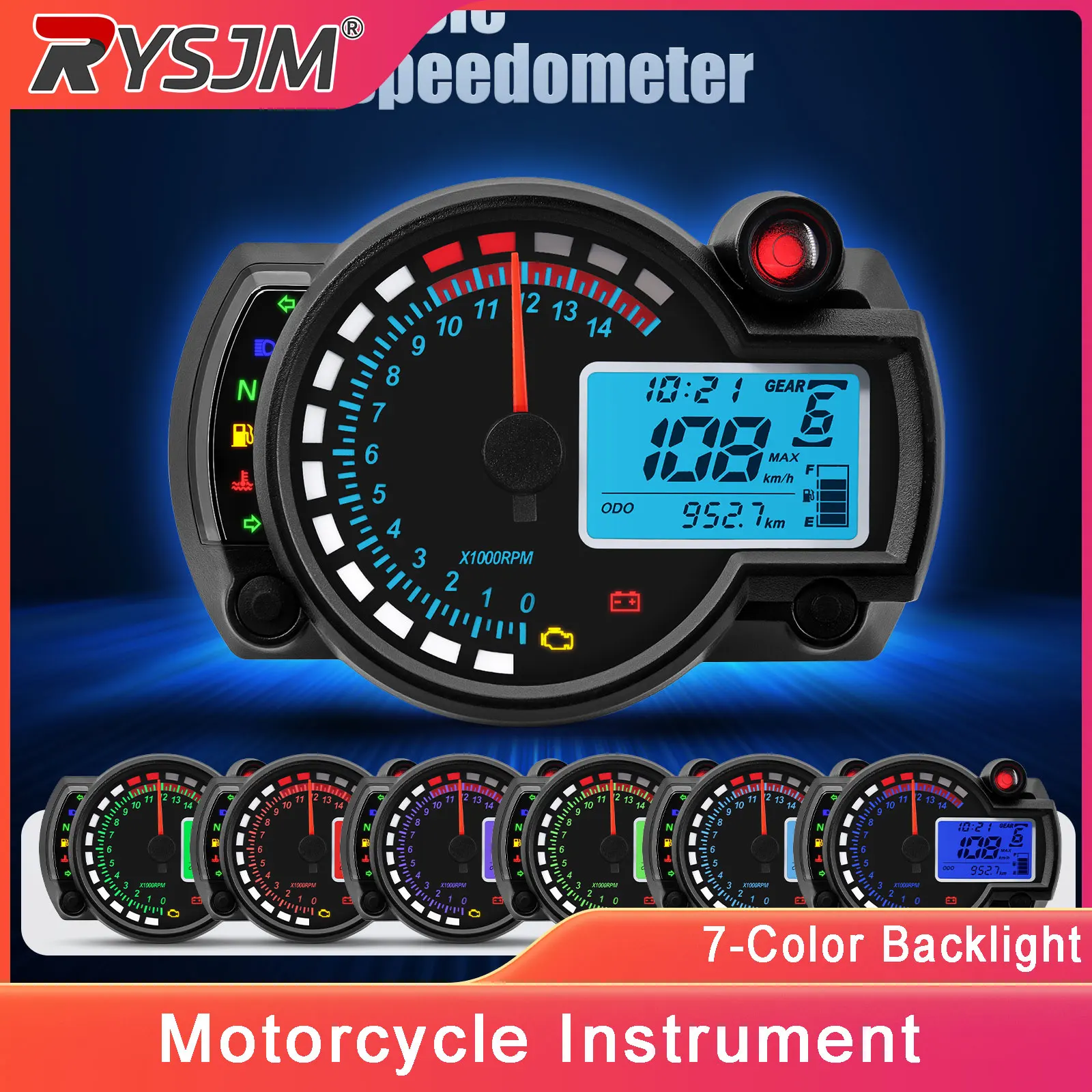  LCD Digital Universal Speedometer 7-Color Backlight Motorcycle Odometer Meter 0~299KM/H Motorbike Motorcycle Dashboard Speedom
