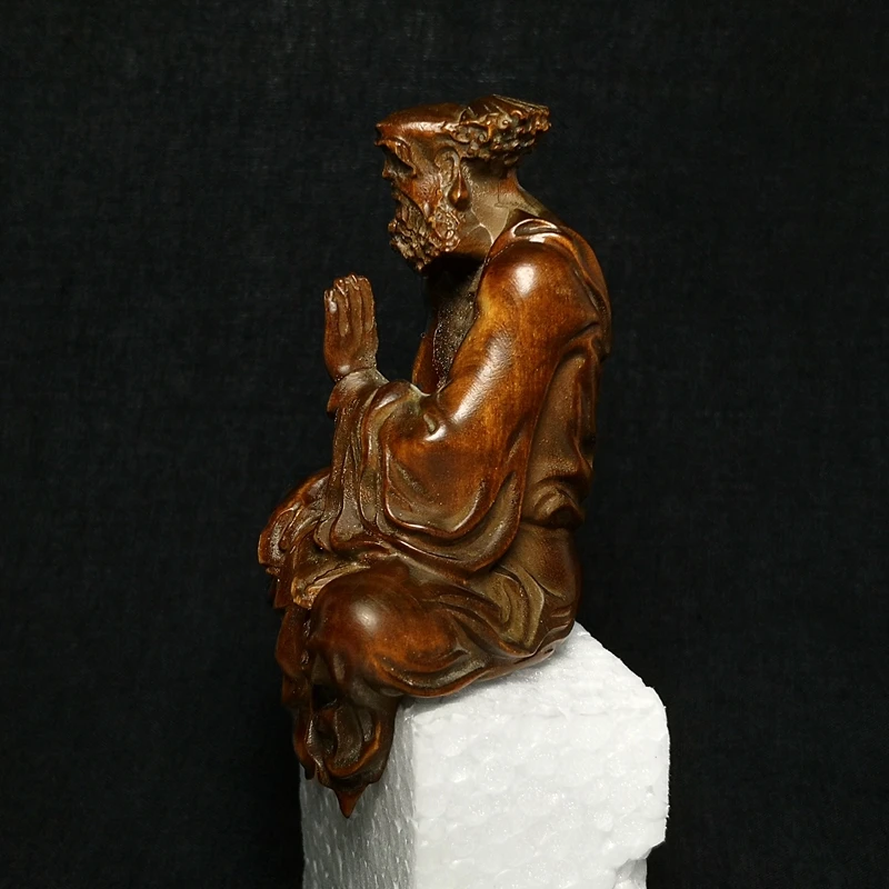 1919 Antique art Size 4 Inch Chinese Boxwood carved Bodhidharma Buddha Figurine Statue Gift Collection