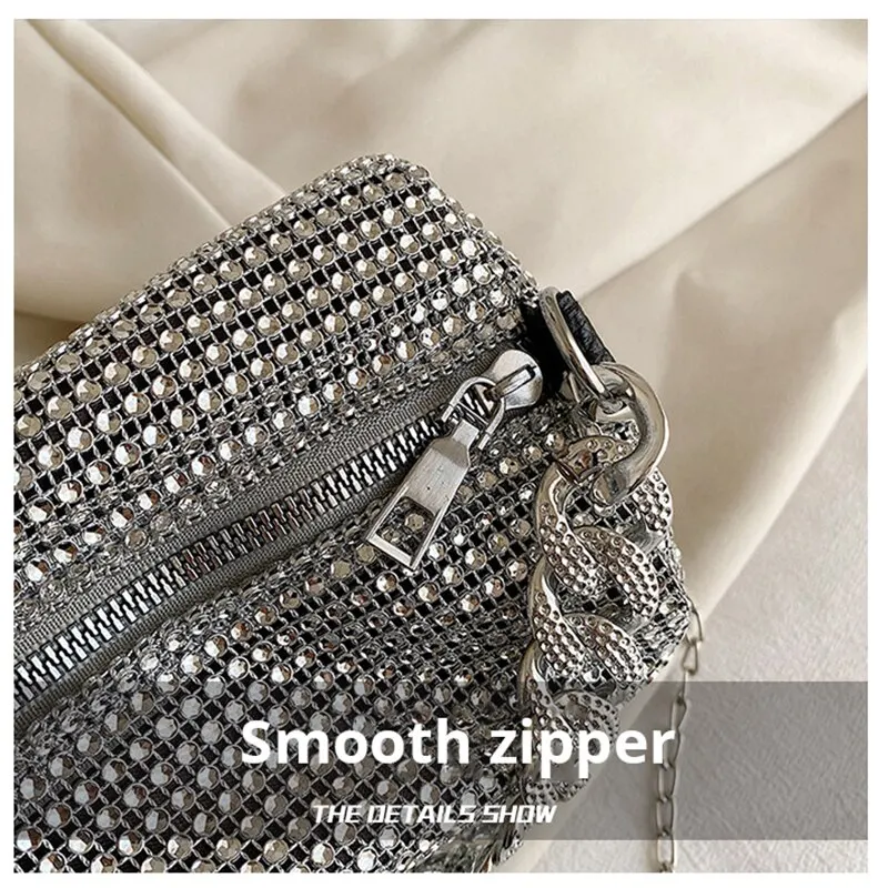 1pc New Portable Fashion Women\'s Crossbody Bag With Bright Diamonds And Metal Chains PU Material For Dinner Parties Everyday