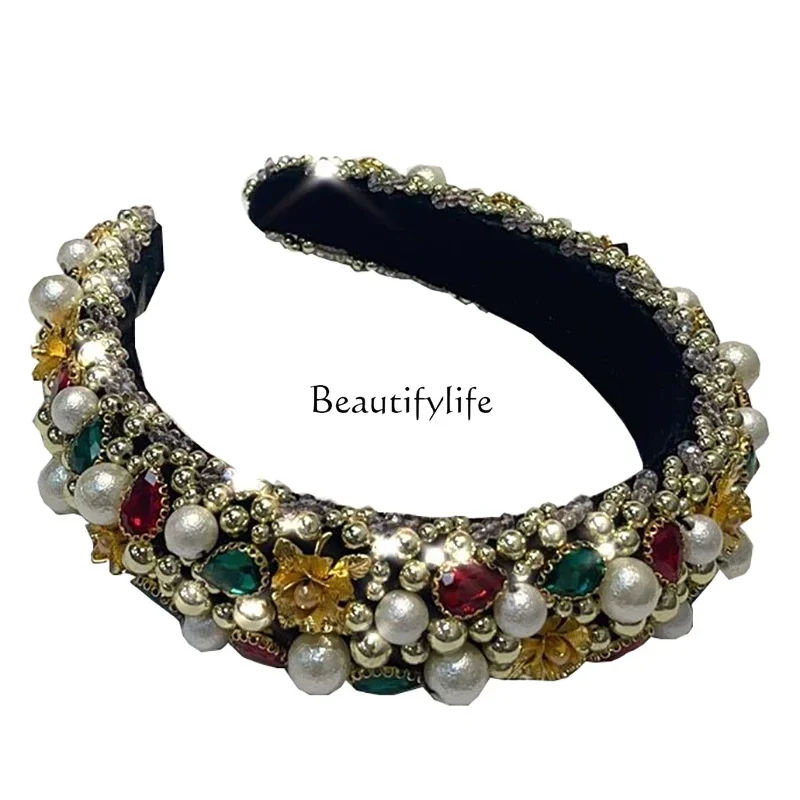 European and American heavy industry rhinestone beaded headband retro baroque wide edge pressure hair headband elegant