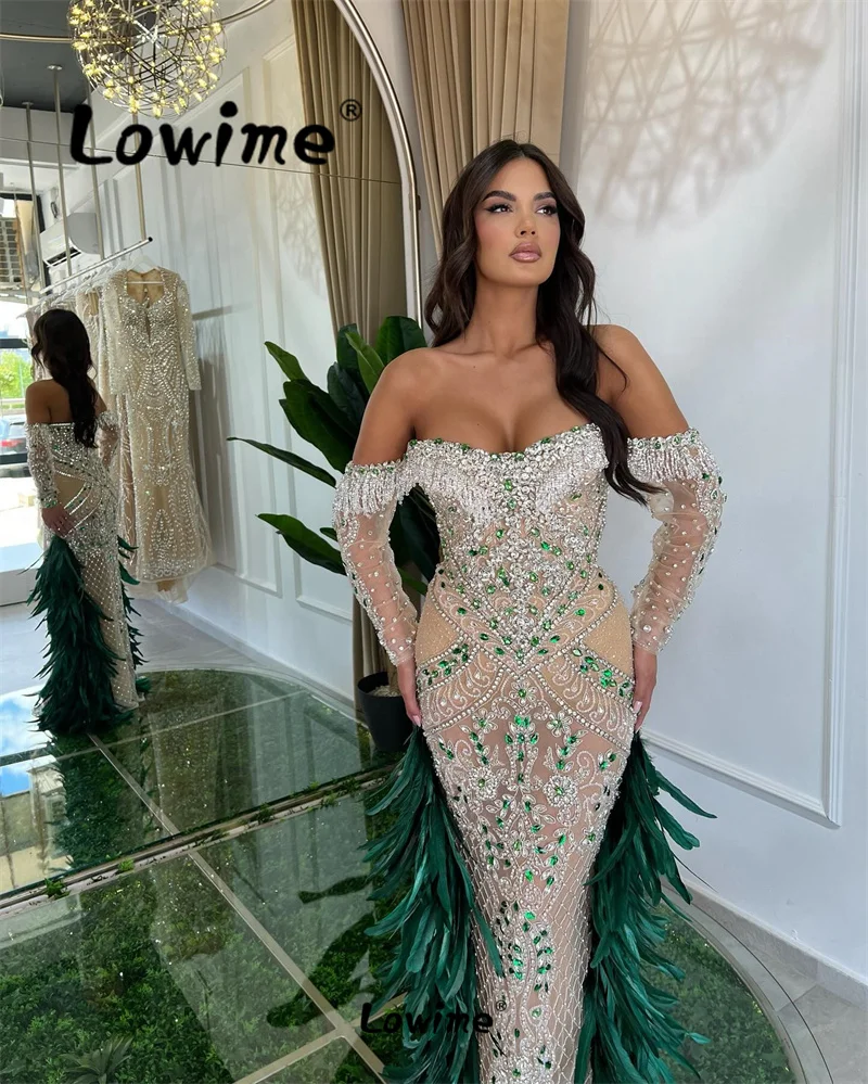 Luxury Green Feathers Mermaid Prom Dress Off Shoulder Crystals Celebrity Dresses Aso Ebi Women Evening Gowns Wedding Party Dress