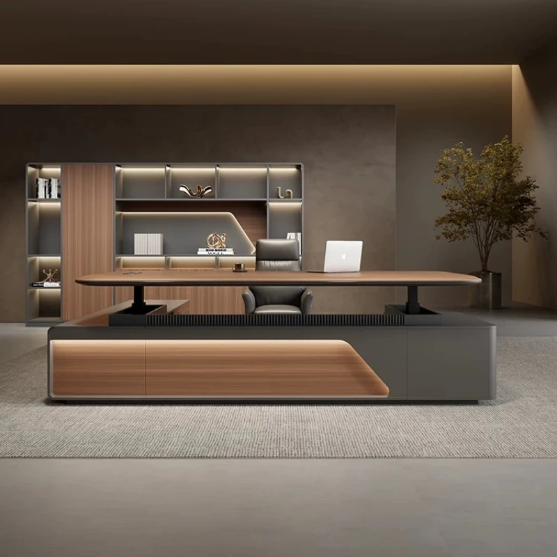 Smart Electric Height Adjustable L‑Shape Executive Desk Sit‑Stand Boss Office Desk with Contrast Wood Grain Side Storage Cabinet