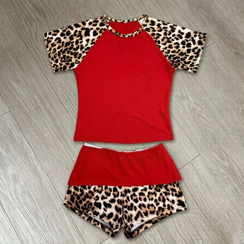 Sommer Neues Amerikanisches Retro Leopardenmuster Patchwork Kurzarm-Shorts-Set Y2K Punk Street Fashion Trend Lässige Damenkleidung – Detail 2