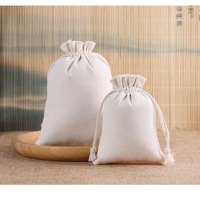 50pcs/Lot Drawstring Cotton Canvas Bags Christmas Gift Packaging Pouch Home Storage Organizer Cloth Sacks Custom Printed Logo