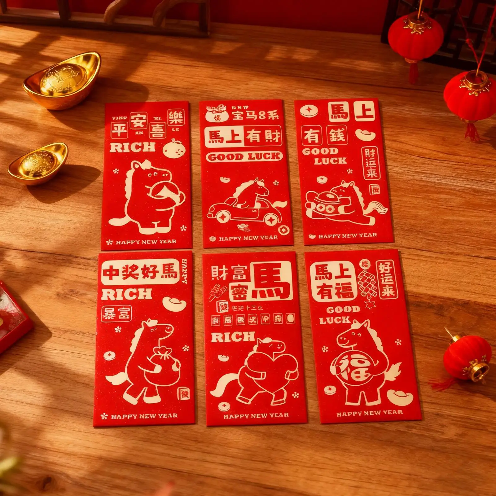 ซองอั่งเปาสีแดงปีม้า 6 ชิ้น ซองอั่งเปาเทศกาลฤดูใบไม้ผลิ ซองอั่งเปาสีแดงแบบจีน ปีม้า