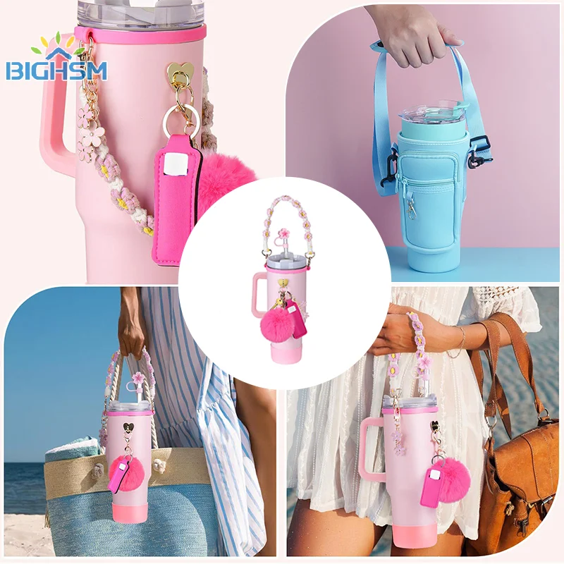 Accesorios para tazas, juego incluye correa para asa de botella de agua, botas de siliocne, funda para lápiz labial, funda con tapa de paja para Stanley, 8 Uds.