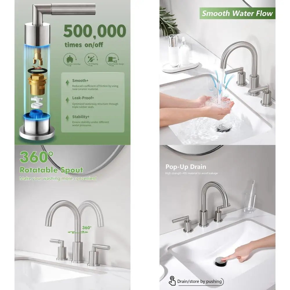 

3-Hole Brushed Nickel Sink Faucet with Pop-Up Drain, 8 Widespread, 360° Swivel Spout, 2-Handle, Includes Supply Lines