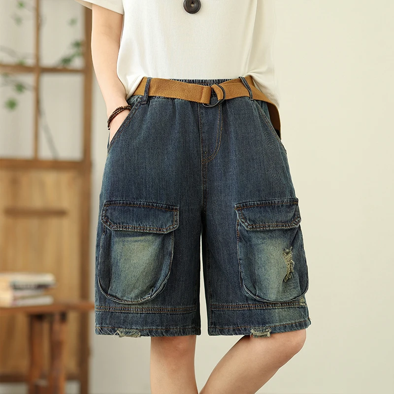 6725 Summer Fashion Women's Multi-pocket Retro Loose Casual Denim Shorts Female Good Quality Daily Comfortable Half Length Pants