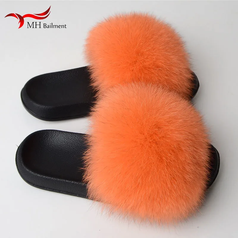 Real Fox Fur Slippers Women Summer Indoor Fluffy Flat Raccoon Fur Slides Outdoor Fashion Casual Beach Shoes Plus Size Shoes