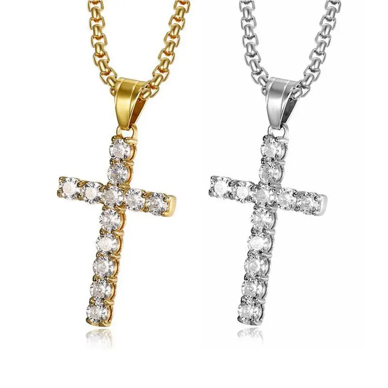 Stainless Steel Titanium AAA Zircon Luxury Hip Hop Cross Pendant Collar Chains Necklace for Men Women Couple Gift Jewel