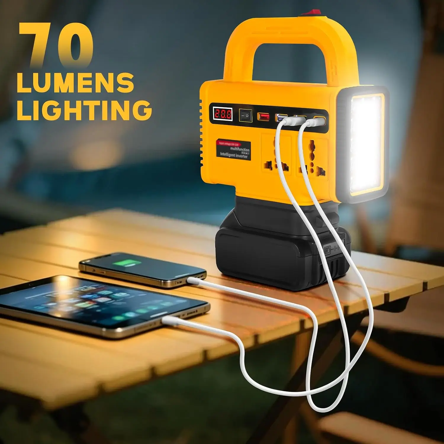 150W Tragbarer Stromwechselrichter für Makita/Dewalt/Milwaukee 18V Li-Ionen-Akkus mit USB-Typ-C-Anschluss und LED-Licht, Wandmontage – Detail 6