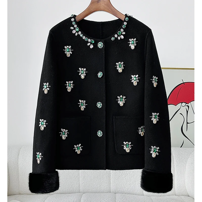 New Women Real Mink Fur Cuffs Cashmere Wool Woolen Coat  Winter Jacket Ladies Outerwear Streetwear